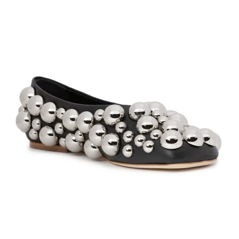European AndAmerican Nichelightluxurycolorblocked Rivet Flat Bottomed Shallow Mouth Single Shoe Women's Fashion Runway Slippers