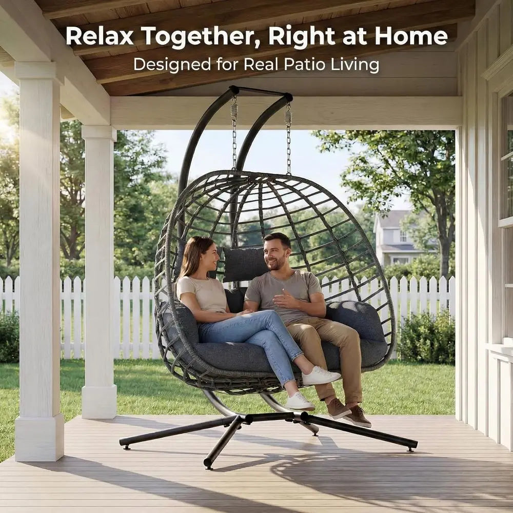 Double Egg Swing Chair with Stand, Outdoor Patio 2 Person Hanging Wicker Hammock Chairs with Cushion or Indoor Bedroom, Lawn, Ga