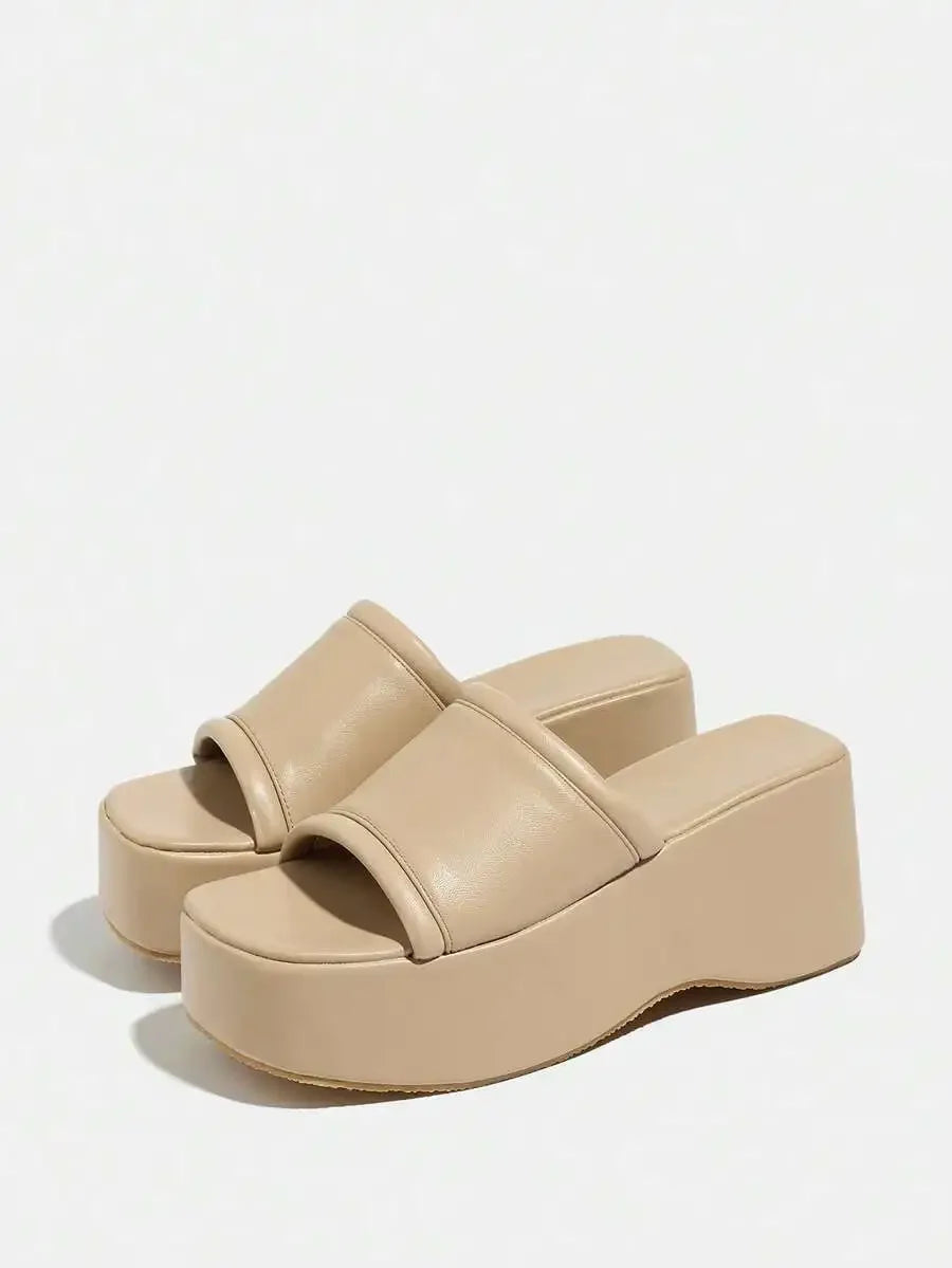 Womens Beige Platform Wedge Sandals Slip-On Casual Open-Toe Thick Sole