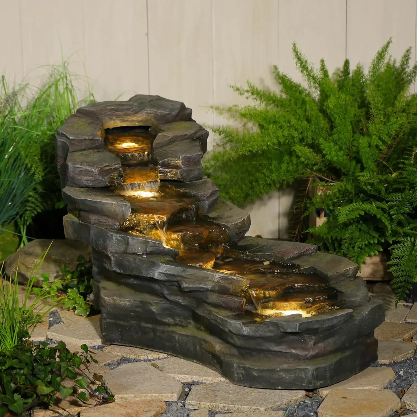 49" L Garden Outdoor Water Fountain 5-Tiers Rock Natural Waterfall Fountains Floor Standing Water Features with LED, Custom