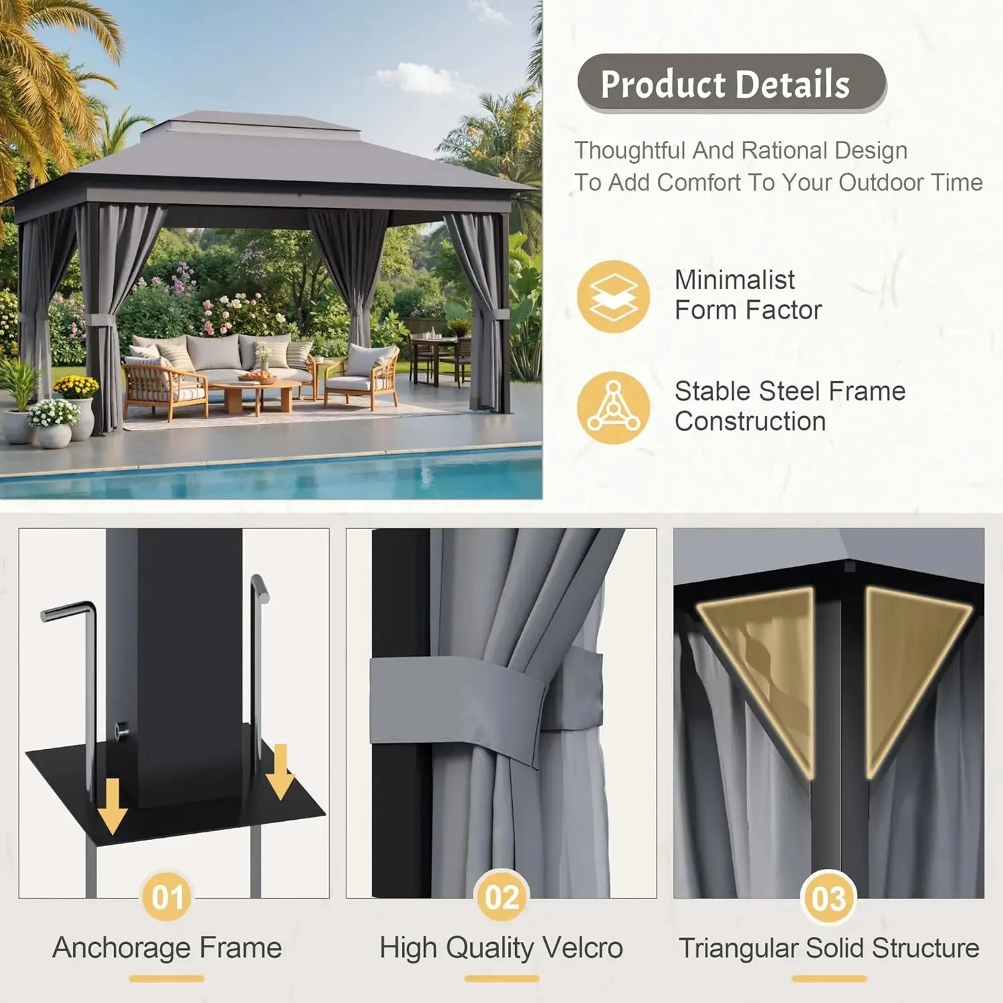 10x13 Outdoor Gazebo Canopy Heavy Duty Metal Frame Double Roof Mosquito Net Privacy Screen Patio Garden Backyard Custom