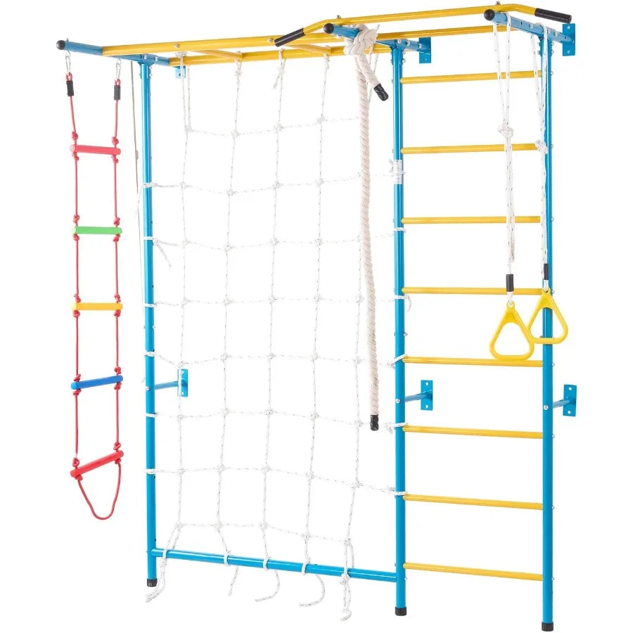 Indoor Jungle Gym for Toddlers 7in1 Climbing Playset with Carbon Steel Swedish Ladder Wall Ladder PullUp Bar Rope Ladder and Gy
