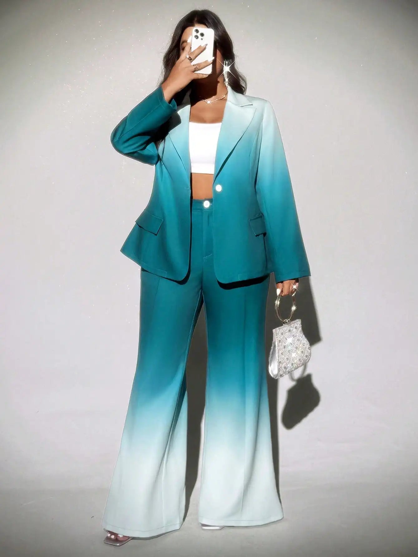 Plus Size Ombre Flared Suit Set for Women, Elegant Blazer & Wide Leg Pants, Fall Winter Stylish Outfit