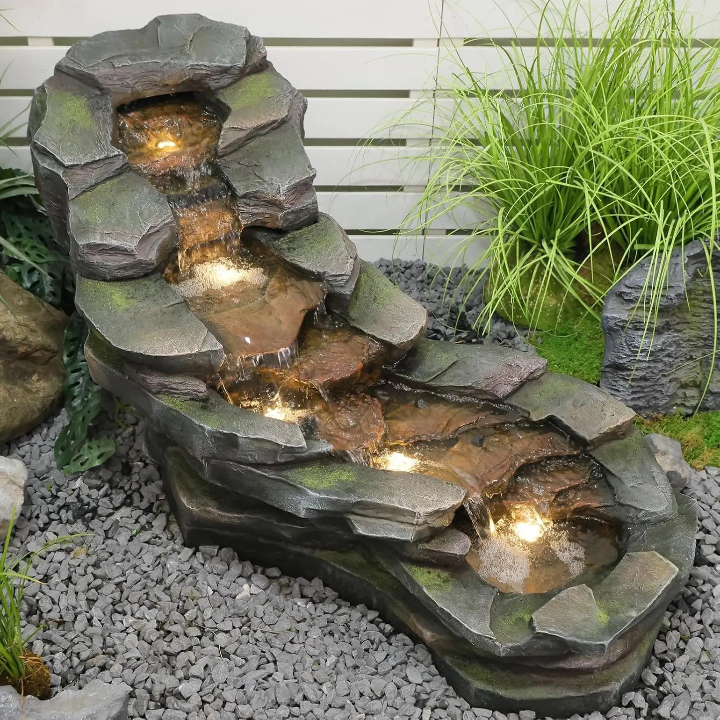 49" L Garden Outdoor Water Fountain 5-Tiers Rock Natural Waterfall Fountains Floor Standing Water Features with LED, Custom
